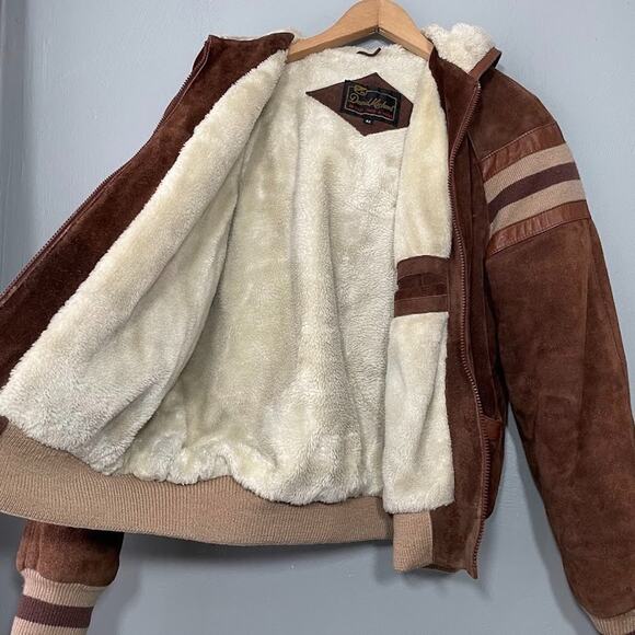 Vintage Brown Suede Leather Bomber Jacket Mens Size 42 Retro 70s 80s Coat Fur - Picture 5 of 14